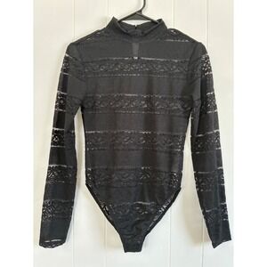 Jolie & Joy Sheer Lace Striped Mock-Neck Bodysuit